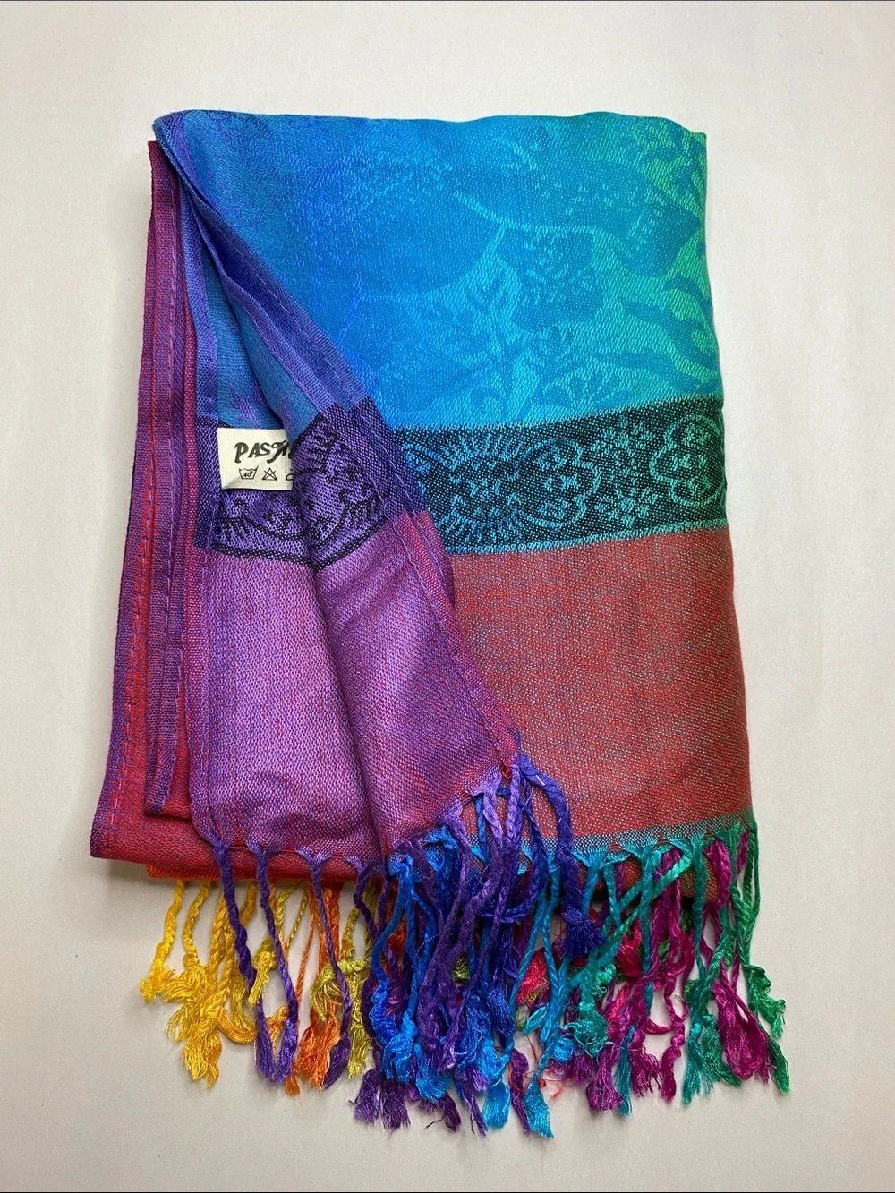 NWOT Pashmina Colorful Rainbow Elephant Print Classic Fringe Scarf 80”X 28”